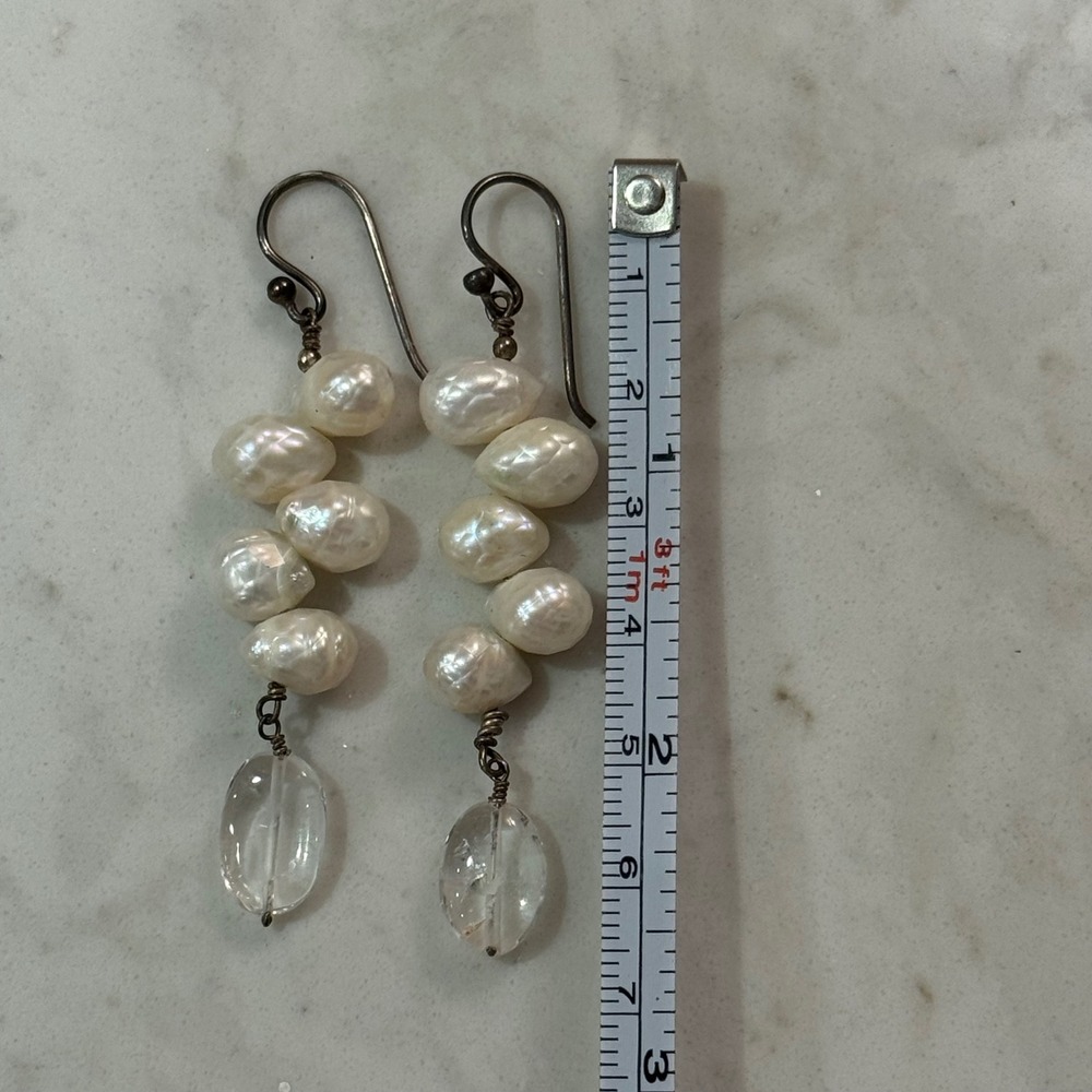 Freshwater Pearl Drop Earrings White Sterling Silver Quartz Dangle Coastal Beach - Picture 4 of 4